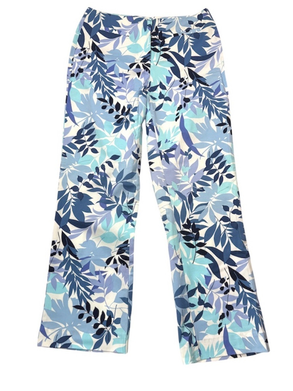 Tropical Floral Wide Leg Pants Coastal Resort Wear Stretch Size Blue White 8